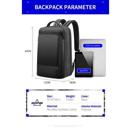 Σακίδιο πλάτης Αντικλεπτικό 24L Laptop 15,6” Bopai 61-53111 μαύρο Σακίδιο πλάτης Αντικλεπτικό 24L Laptop 15,6” Bopai 61-53111 μαύρο