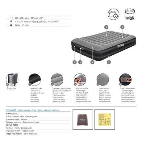 Στρώμα Ύπνου Φουσκωτό Με Ενσωματωμένη Ηλεκτρική Αντλία Υπέρδιπλο Queen Tritech 203x152x46cm BESTWAY 15322