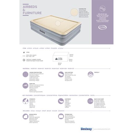 Στρώμα Ύπνου Φουσκωτό Υπέρδιπλο με Ενσωματωμένη Ηλεκτρική Αντλία 203x152x46cm Tritech Cushify Top BESTWAY 15438