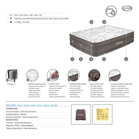 Στρώμα Ύπνου Φουσκωτό Υπέρδιπλο με Ενσωματωμένη Ηλεκτρική Αντλία 203x152x46cm Tritech Cushify Top BESTWAY 15438