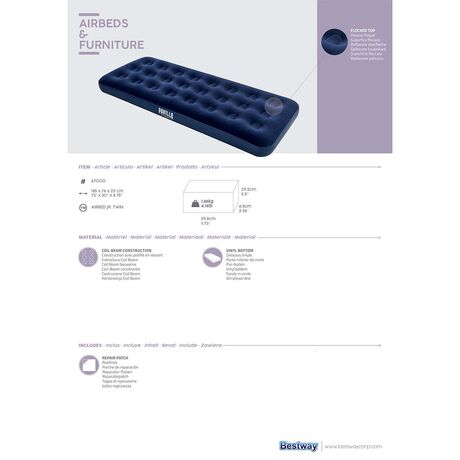 Στρώμα Ύπνου Φουσκωτό Μονό 185x76x22 BESTWAY 15329