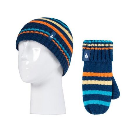 H.H. BOYS JACQUARD  HAT WITH POM-POM & MITTENS NAVY STRIPE 2780 3-6  80048