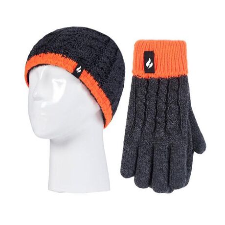 Παιδικό Σετ Σκούφος Και Γάντια Cable Hat & Gloves Με Θερμική Επένδυση Για Παιδία 7-10 Ετών Charcoal-Orange Heat Holders 80076